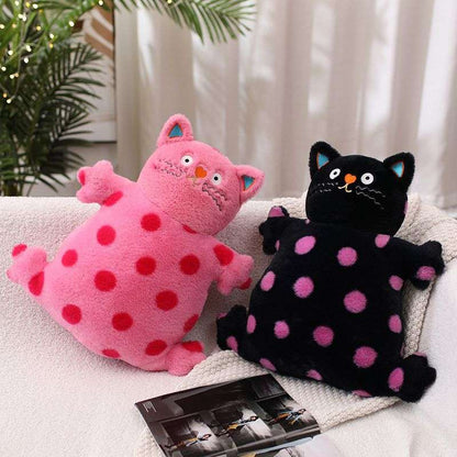 Two polka dot cat plush pillow designs