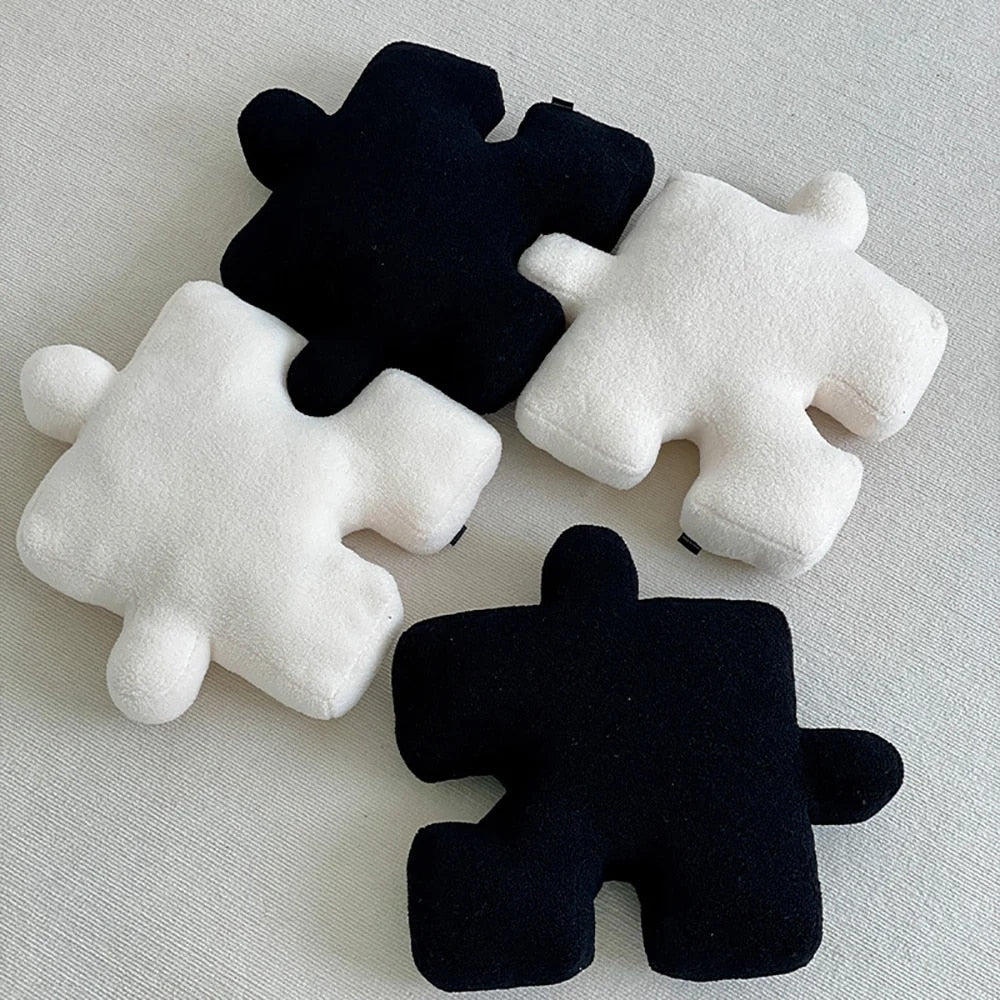 Puzzle piece cushion styled in a room setting