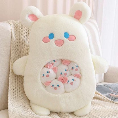 Rabbit plushie bag with six matching mini rabbit toys