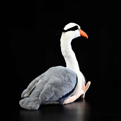 Realistic-style Grey Heron bird plush with grey black and white colouring