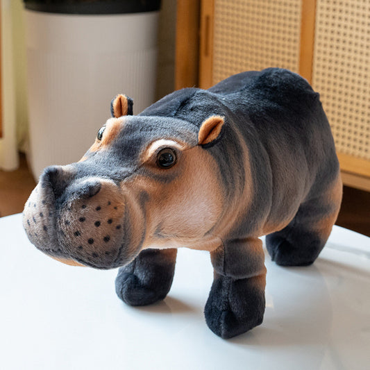 Realistic hippopotamus plush toy in two-tone brown and black