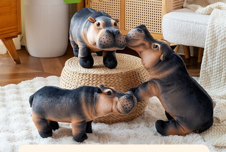 Realistic hippopotamus plush toys styled in a cosy living room