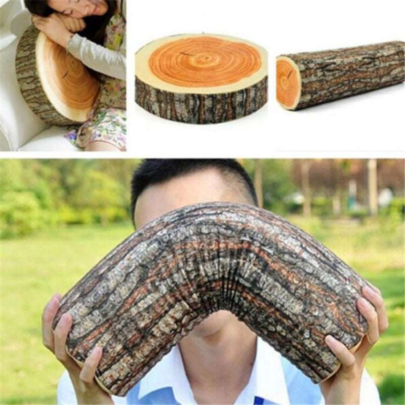 Realistic tree stump plush pillow with bark-effect design