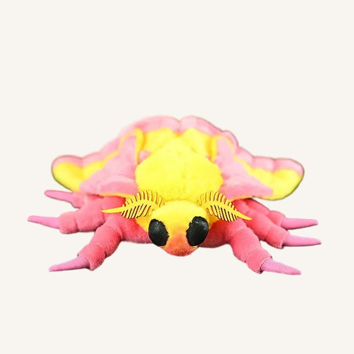 Rosy maple moth plush toy with soft wings and lifelike insect design in pink and yellow colours
