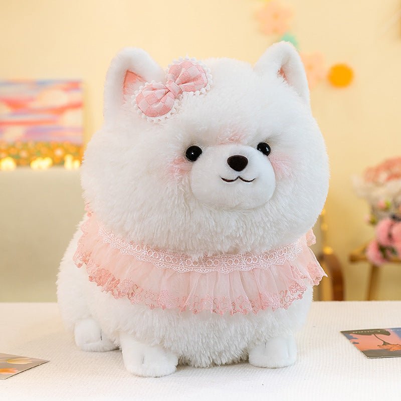 White Pomeranian stuffed animal plush toy with pink ruffle collar in various sizes, cuddly and cute for children or adults.