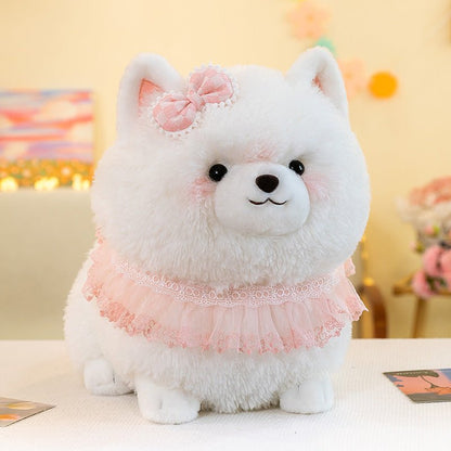 White Pomeranian stuffed animal plush toy with pink ruffle collar in various sizes, cuddly and cute for children or adults.
