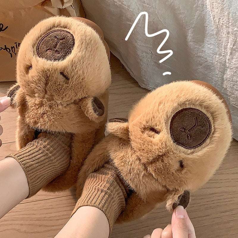 Soft brown capybara plush slippers worn at home