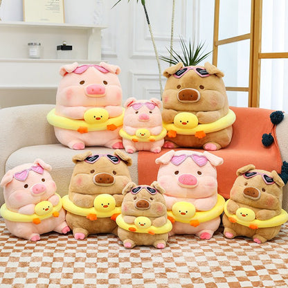 Brown pig plush with yellow duck float