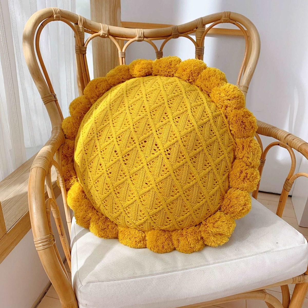 Yellow round knitted ball cushion 50cm